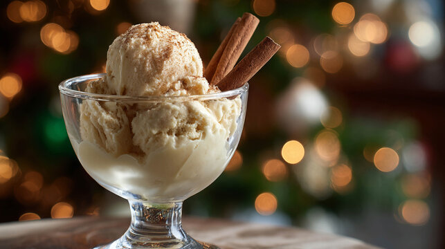 Helado de canela, cinnamon-flavored ice dessert served in a glass cup, with a softly blurred Christmas tree softly glowing behind. Sweet and refreshing. - Powered by Adobe