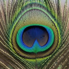 Obraz premium Closeup macro shot of a peacock feather showing its intricate eye pattern with vibrant blue, green, and gold iridescent colors