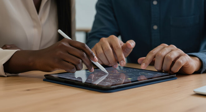 Professional collaboration, diverse hands work together on a tablet, symbolizing diversity, teamwork, and success in business