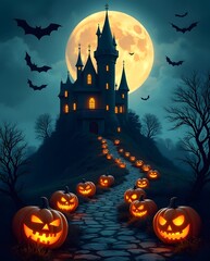 A spooky haunted castle on a hill under a full moon with a path of glowing jack-o'-lanterns.