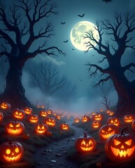 Fototapeta premium Spooky Halloween night scene with glowing pumpkins, full moon, and bats.