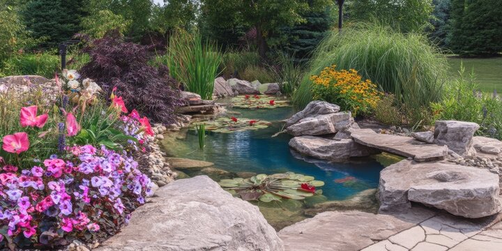 Serene garden pond surrounded by vibrant flowers and lush greenery.
