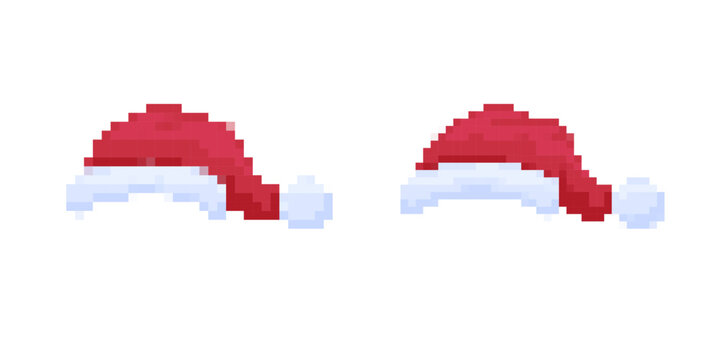 Two pixel art santa hats and beards evoke a retro holiday theme, perfect for christmas designs.