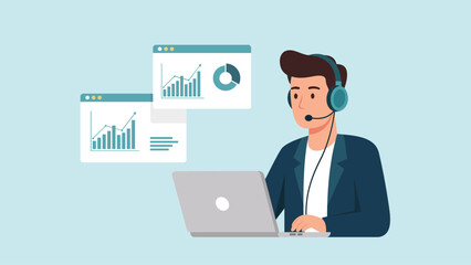 Customer service agent analyzes business data, offering expert support and insightful solutions online