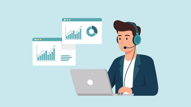 Customer service agent analyzes business data, offering expert support and insightful solutions online