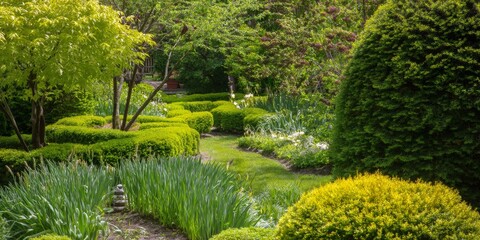 Serene and well-manicured garden with lush greenery and vibrant plants.
