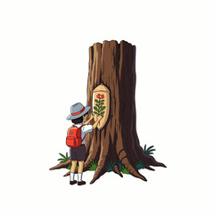 A young boy, wearing a hat and backpack, carefully affixes a wooden plaque featuring a red flower design to an old tree stump, celebrating nature.