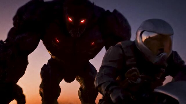 a thrilling scene of a person on a futuristic motorcycle being chased by a giant hulking monster with red eyes through a desert at sunset