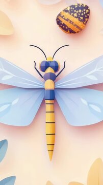 A blue and yellow dragonfly perches on a pink background, perfect for decorating or illustrating stories