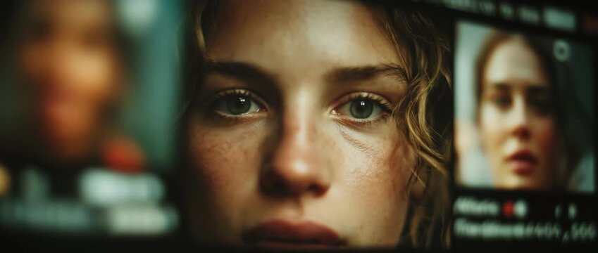 Intimate close-up portrait of a young female freckled model against blurred monitor thumbnails