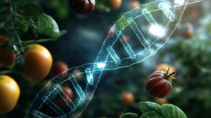 A blue DNA strand is shown with a red tomato and an orange. Futuristic glowing DNA helix with floating fresh vegetables and fruits around it, personalized nutrition, sci-tech health concept - Powered by Adobe