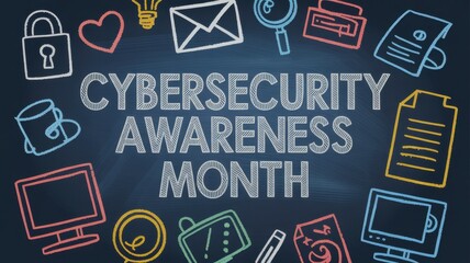 Cybersecurity awareness month concept with chalk drawing of icons on a blackboard to promote online safety and data protection for individuals