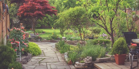 Serene garden pathway with lush greenery and vibrant flowers.