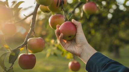 A hand reaching to pick a ripe apple from a tree branch in an orchard, capturing the essence of autumn harvest and the bounty of nature