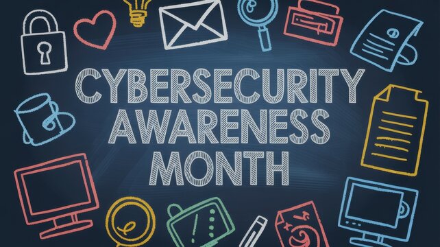 Cybersecurity awareness month concept with chalk drawing of icons on a blackboard to promote online safety and data protection for individuals