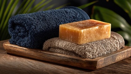 Rolled dark blue and beige towels with a light orange soap on a wooden tray.  Tropical ambiance