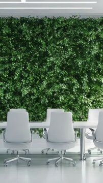 A room with a table and chairs surrounded by a lush green wall, ideal for office settings or study areas