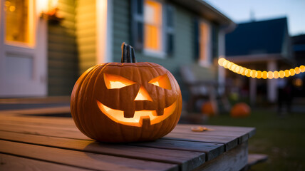 A glowing jack o lantern on a porch with a house in the background at dusk in autumn season