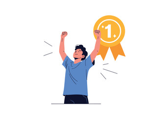 Man celebrating achieving number one position with gold medal and ribbon vector illustration