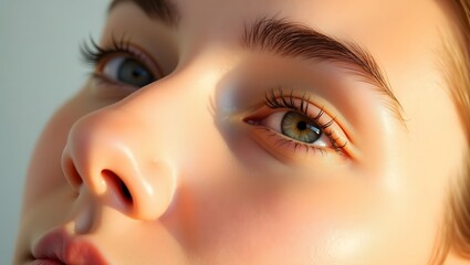 Fototapeta premium Macro close-up of a young woman's face, highlighting healthy skin and eyes, Extreme detail of a female model's flawless skin, eyelashes, and eyebrows, A high-resolution shot capturing the beauty
