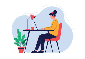 Woman working remotely from home with laptop and headphones enjoying beverage
