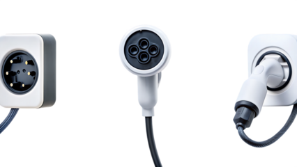 Electric vehicle charging plugs and stations isolated on a transparent background