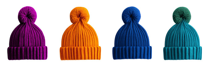 Four different colored knit hats with pom poms
