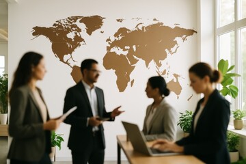 Professional team discussing global business strategy, standing near large wall map, emphasizing cross border teamwork and strategic planning in contemporary workplace setting