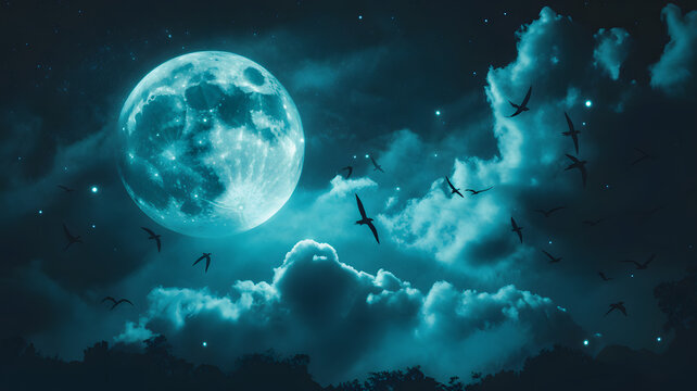 A glowing full moon with birds flying in a dark blue night sky filled with clouds and stars above - Powered by Adobe