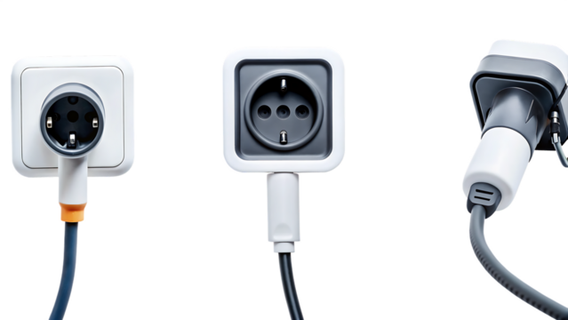 Electrical plugs and charging connector isolated on a transparent background power outlets