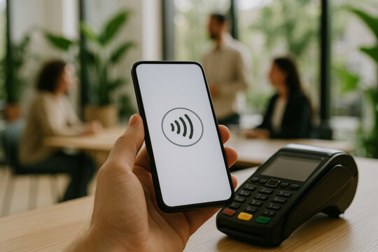 Smartphone displaying nfc payment near point of sale terminal, businesspeople conversing in contemporary cafe interior with blurred background - Powered by Adobe
