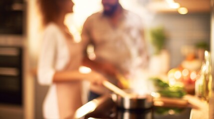 Soft kitchen light highlighting couple preparing dinner together, sharing intimate cooking moment in contemporary culinary space