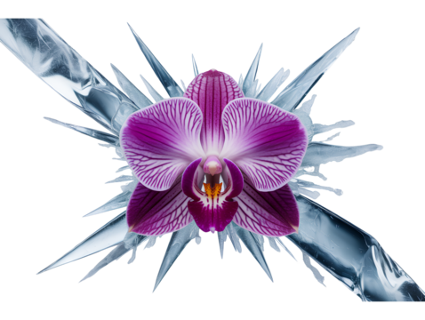 Purple Orchid Suspended in Frozen Splash of Ice and Mist, Dynamic Abstract Style, Isolated on Transparent Background