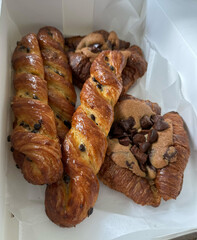 Assorted chocolate pastries in a box: bakery selection for cafe, coffee shop, dessert bar concept