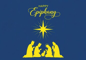 Happy epiphany greeting with the nativity scene and the star of bethlehem