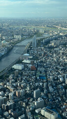 Fototapeta premium Urban aerial view of tokyo cityscape with river and buildings under a clear blue sky - concept of travel, urban planning, architecture