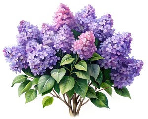 Elegant botanical illustration of a lilac bush with purple and pink blooms and lush green leaves. Ideal for spring decor, floral prints, wedding invites, and garden-themed artwork.