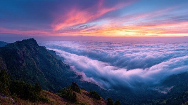 Mountaintop Sunrise Cloudscape panorama over valley.  Travel poster - Powered by Adobe