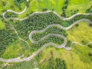 Serpentine roads wind through vibrant green landscapes in the Alps, showcasing the beauty of nature and the excitement of a scenic road trip. Perfect for adventurous journeys.