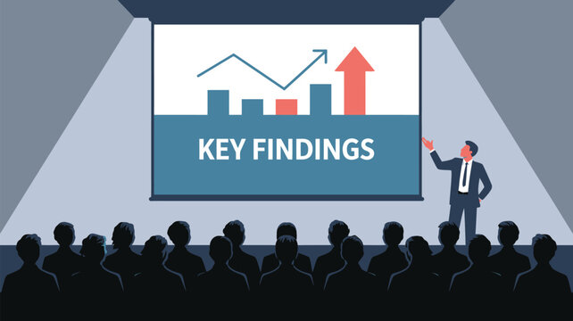 A presentation of key findings with a graph and an arrow pointing up to an audience in a conference room