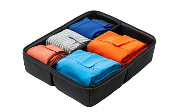 Compression packing cube with folded shirts for organized travel luggage and storage convenience isolated on transparent background PNG