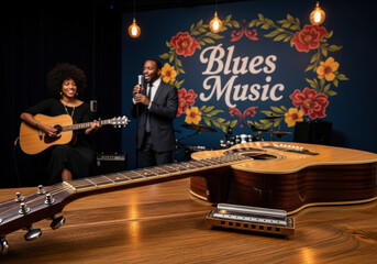 A musical duo performs with passion on a 'Blues Music' themed stage, celebrating the soul and rhythm of the music