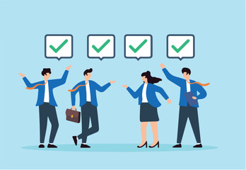 Flat illustration of business people agreeing on completed tasks with check marks team approval consensus collaboration agree to work together and project agreement 