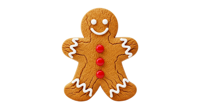 A single gingerbread man cookie with white frosting and red buttons isolated