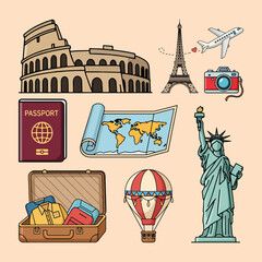 Travel and tourism icon set. Hand-drawn cartoon vector collection of famous landmarks and holiday elements. Isolated design elements for vacation and adventure concepts.