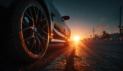 Low-angle shot of a black vehicle's wheel and body, reflecting a bright sunset on wet asphalt