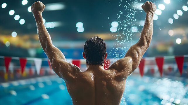 Celebratory moment of a powerful swimmer in action - Powered by Adobe