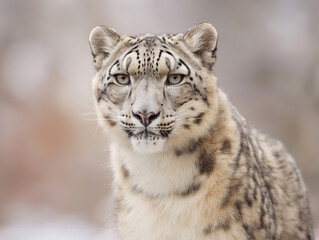 Snow leopard with striking fur patterns and piercing eyes, gazing intently at the viewer, showcasing its majestic presence in a natural habitat
