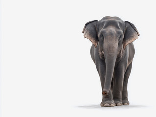Majestic elephant standing confidently against a minimalistic white background, showcasing its impressive size and unique features, symbolizing strength and grace in the animal kingdom