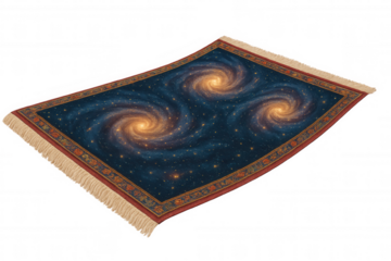 Magic carpet with three spiral galaxies design flying on a transparent background, perfect for fantasy and space exploration concepts